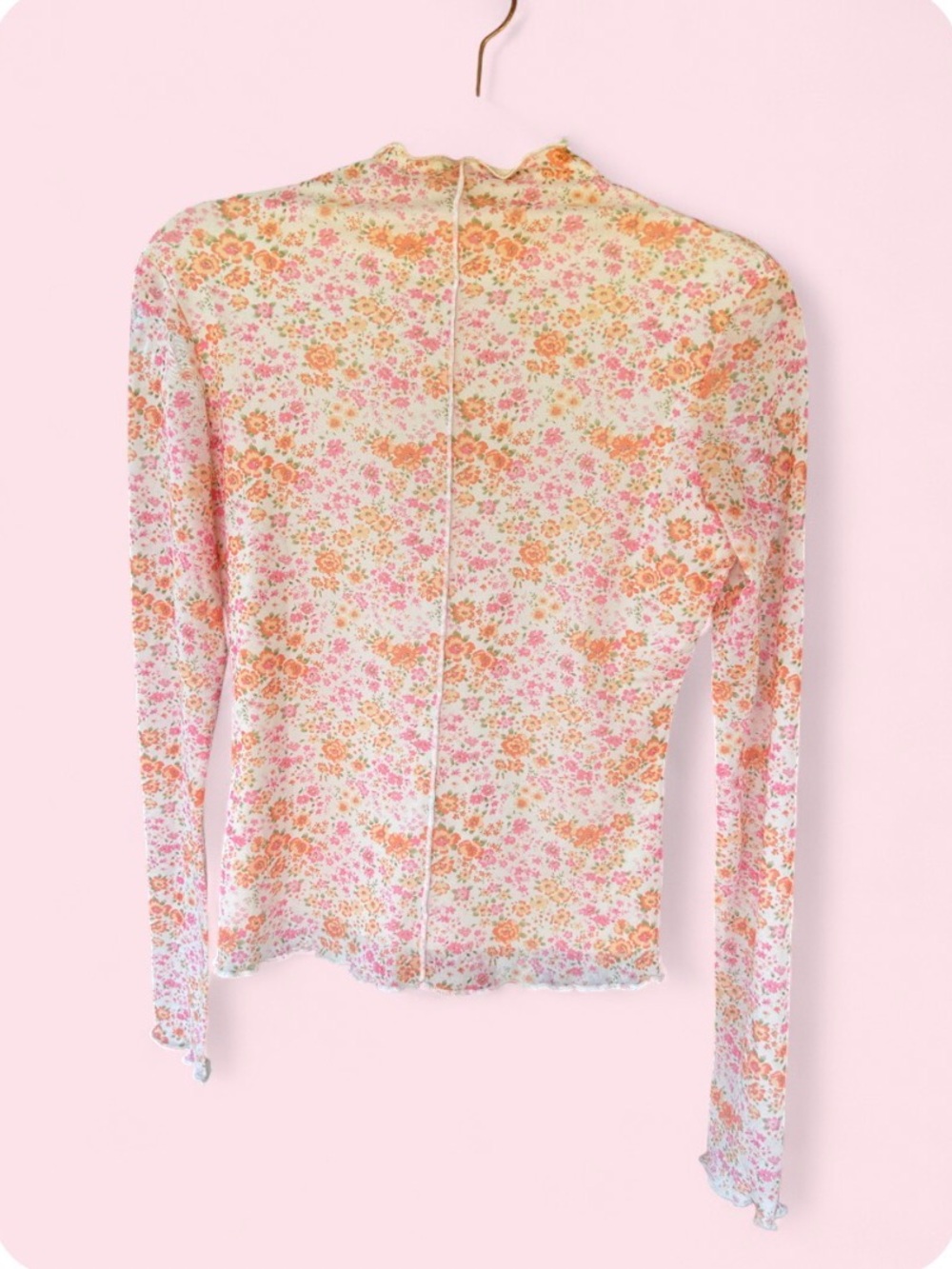 Pinky Lily Floral Mesh Long-Sleeve Mock Neck Top - Pink/Peach - Size small